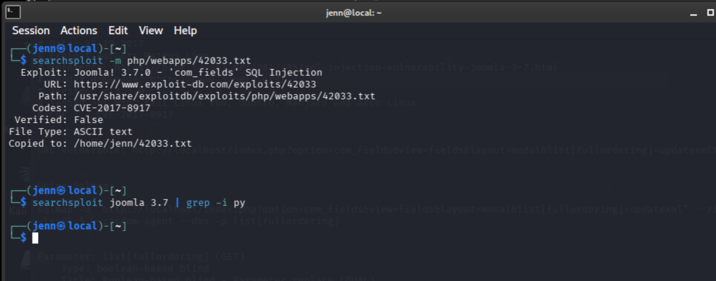 searchsploit joomla 3.7 grep for python returning no results